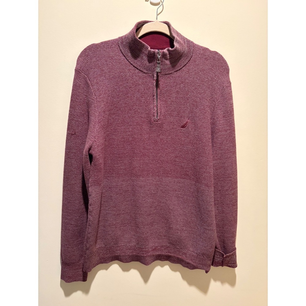 Nautica Mens Quarter Zip Sweater Large Burgundy Marl Cotton Knit Pullover VFN 75